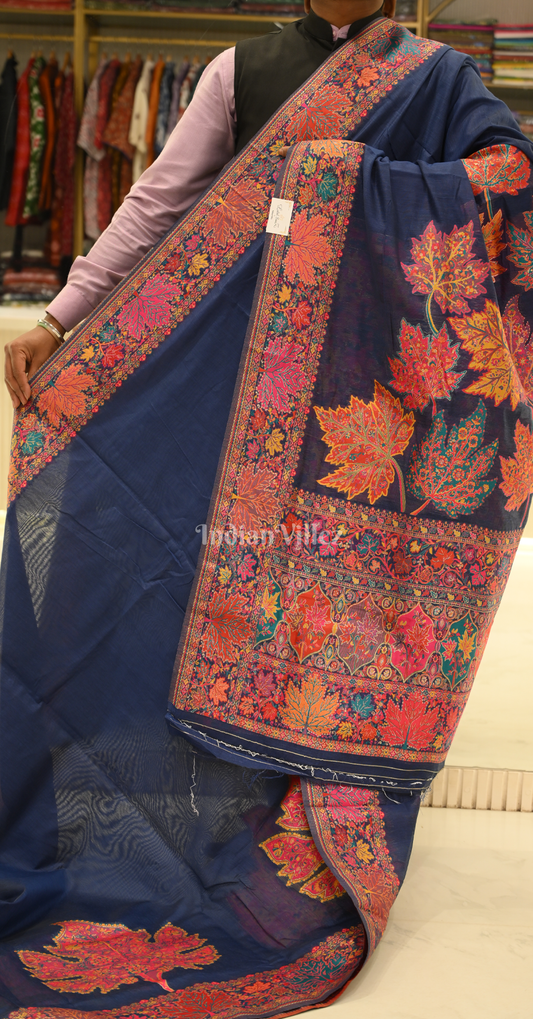Blue Tree of Life Pure Kashmiri Cotton Pashmina Saree 