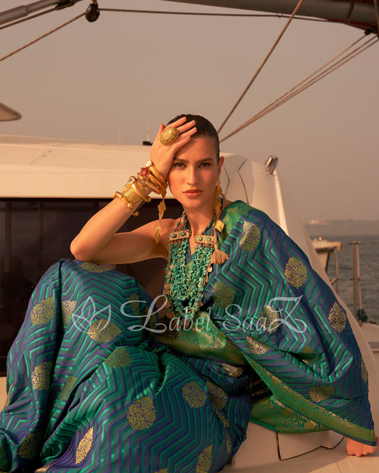 Blue Two Tone Leheriya Banarasi Satin Silk Saree