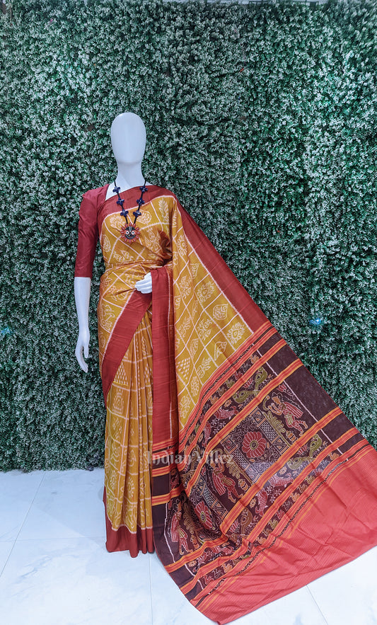 Mustard Yellow Red Nabakothi Odisha Ikat Contemporary Designer Silk Saree