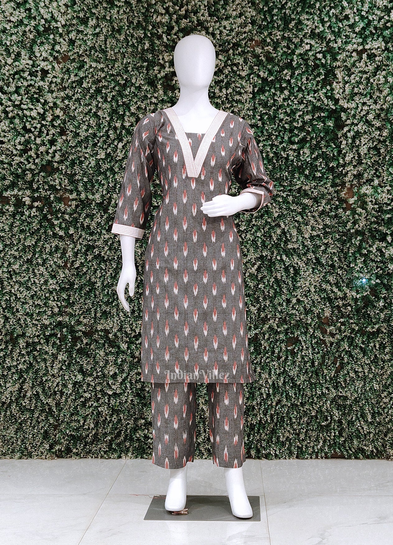 Gray Odisha Ikat Designer Cotton Kurti Set with Pallazo-(Co-Ords Set) 
