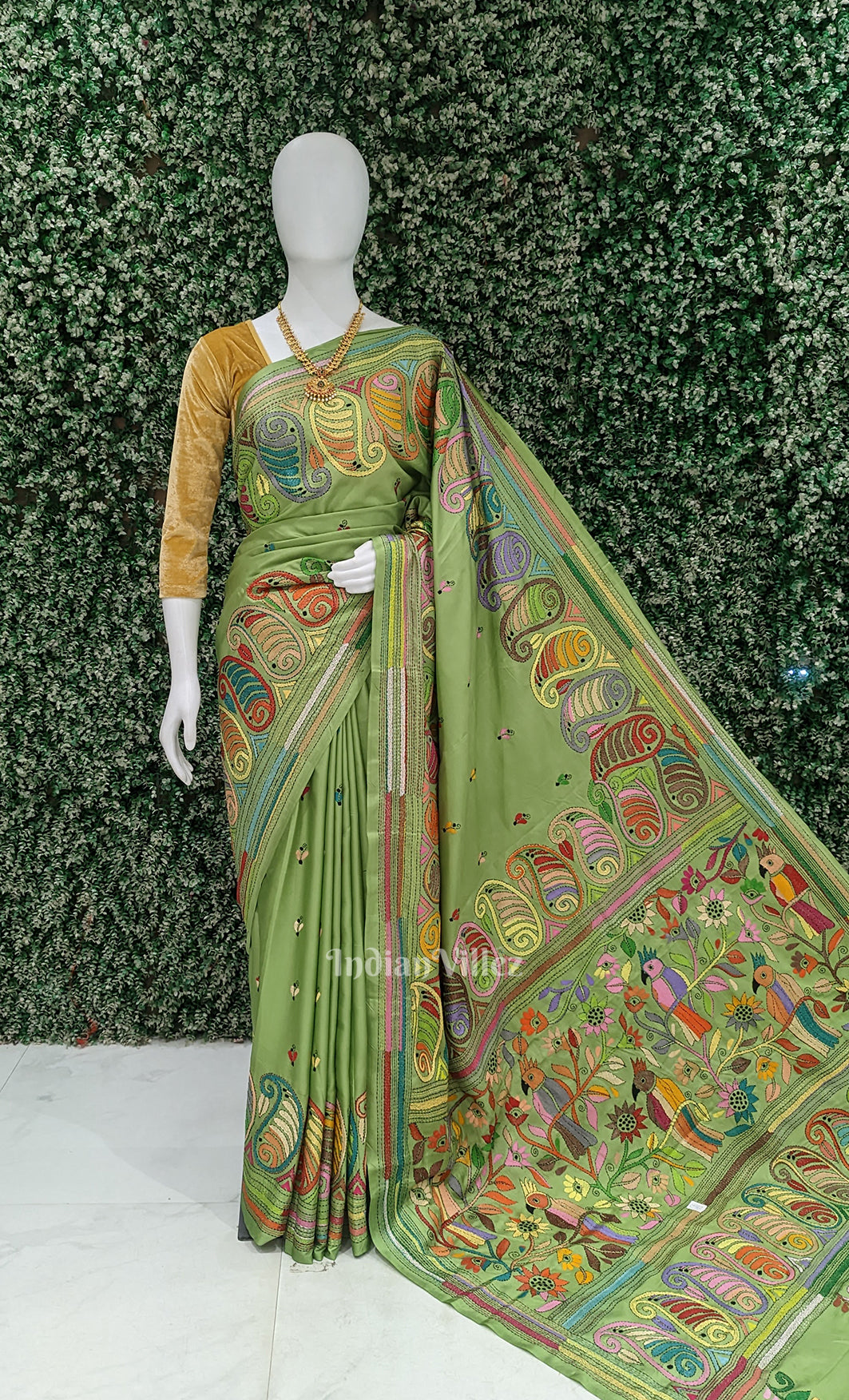 Parrot Green Handwoven Kantha Stitch Silk Saree