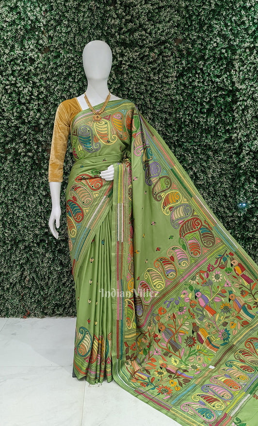 Parrot Green Handwoven Kantha Stitch Silk Saree