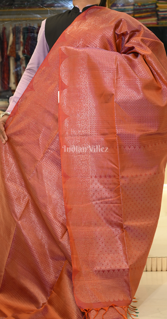 Exclusive Rust Orange Golden Pure Kanjivaram Soft Silk Saree