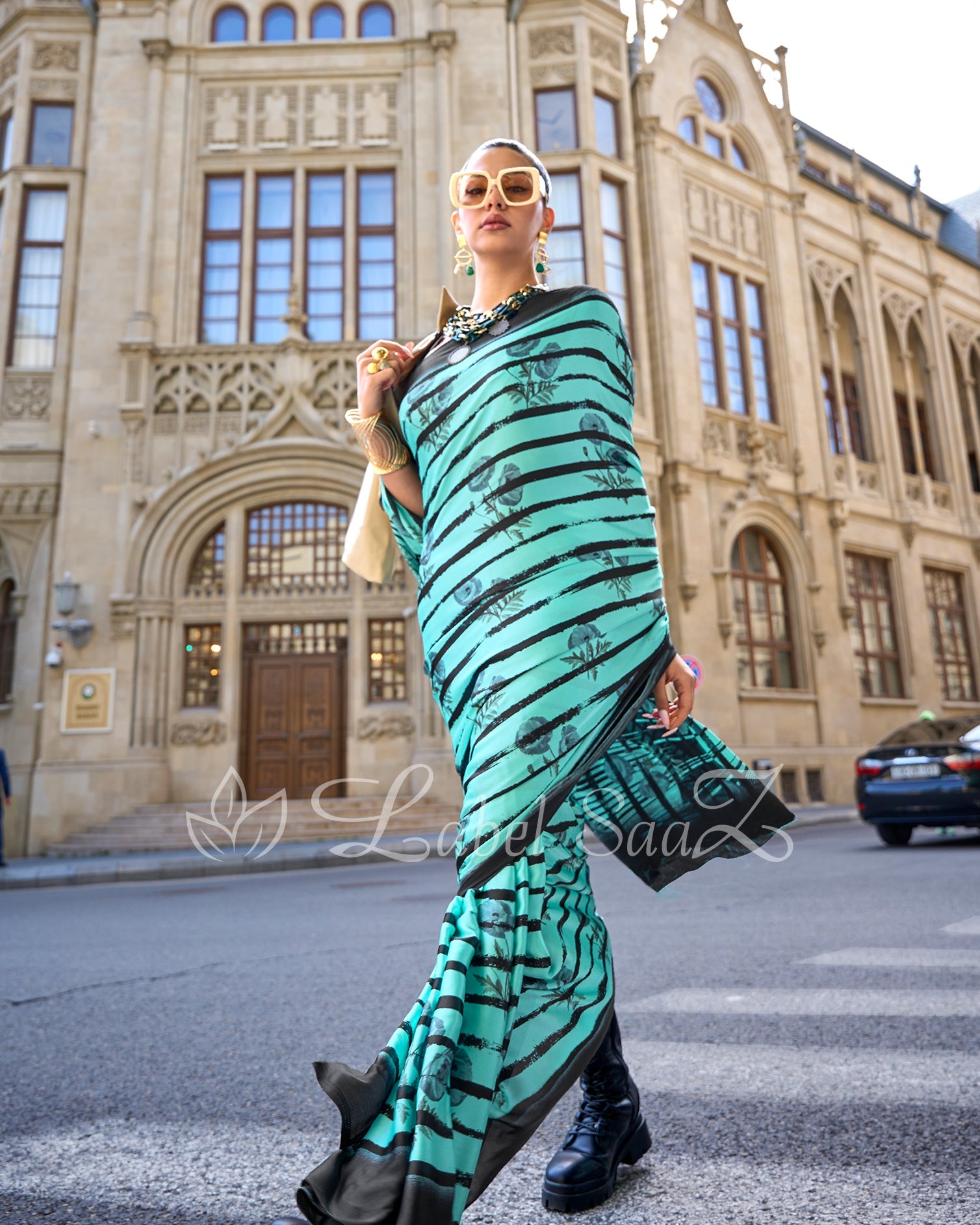 Green Satya Paul Inspired Printed Satin Crape Sarees