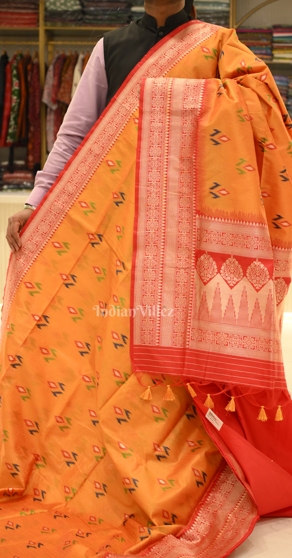 Mustard Yellow Red Ikat Saree with Zari Border Tussar Silk