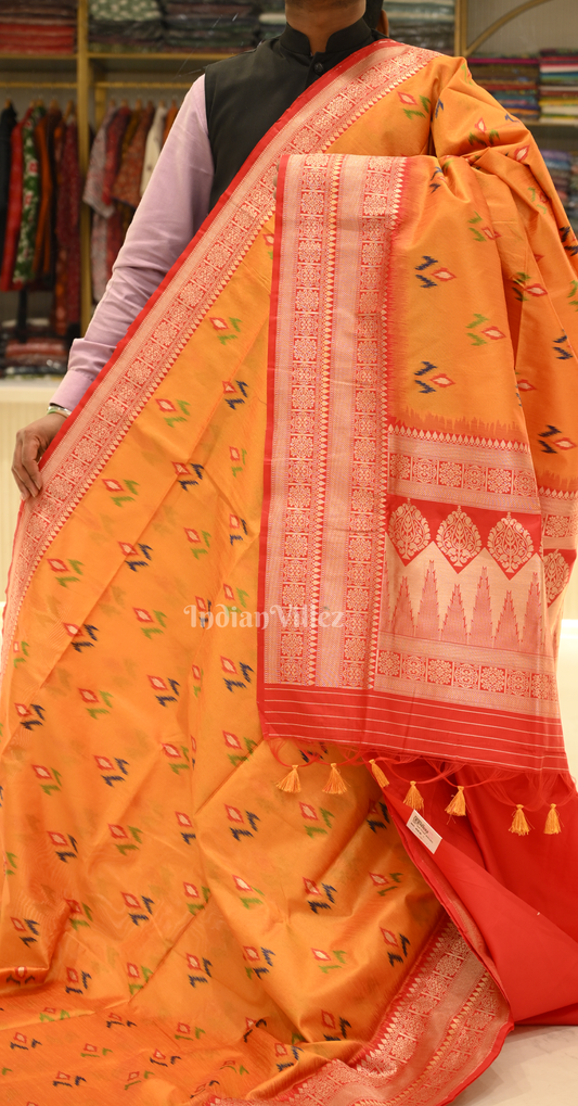 Mustard Yellow Red Ikat Saree with Zari Border Tussar Silk