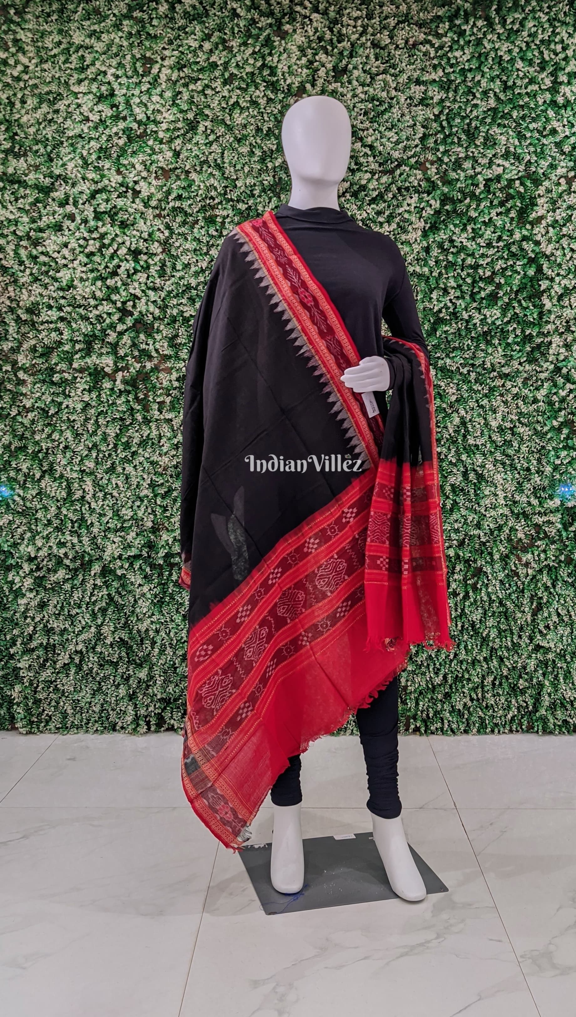 Black Red Handwoven Odisha Ikat Cotton Dupatta