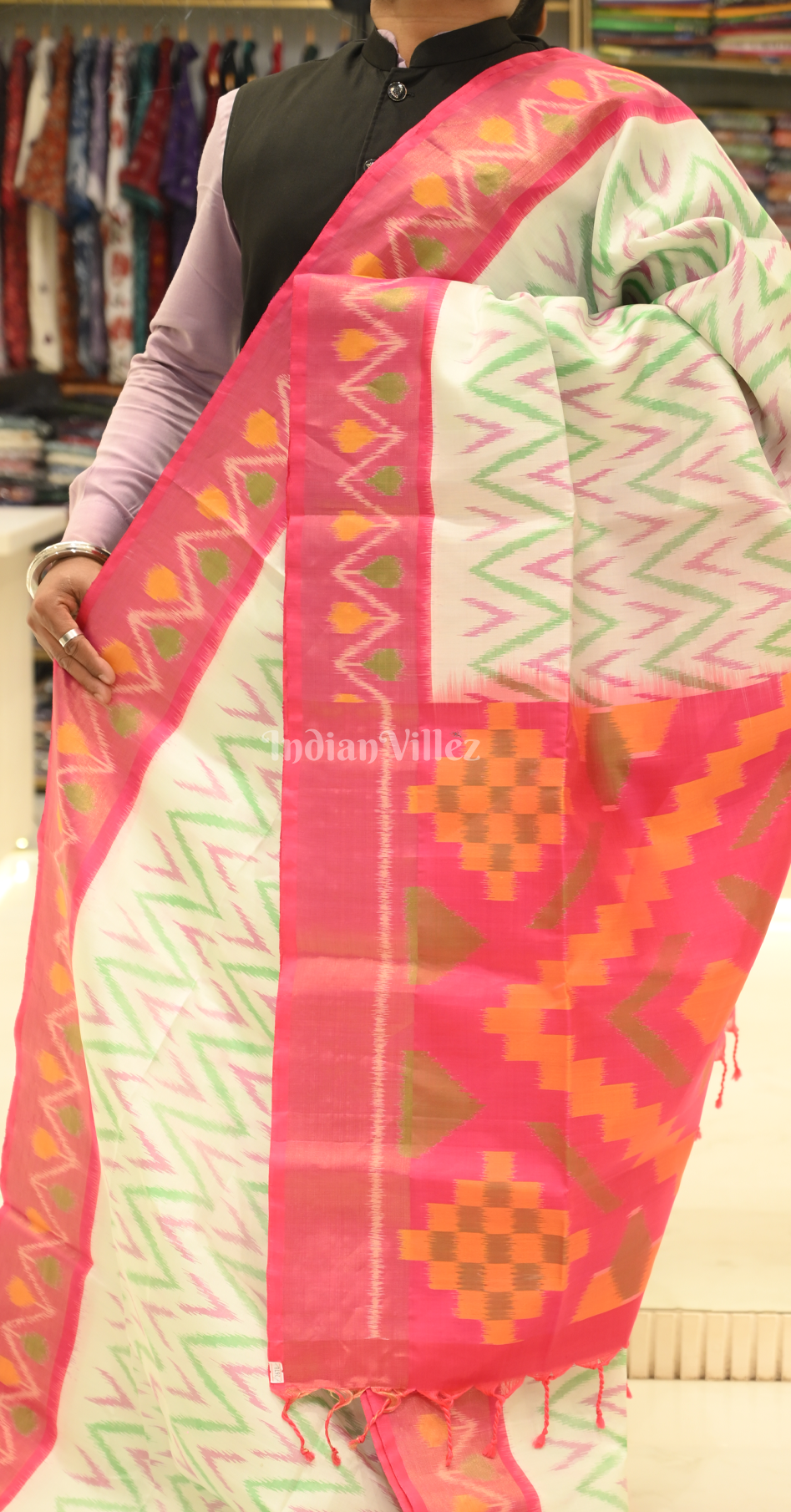Off White with Multi Color Pochampally Ikat Silk Saree 