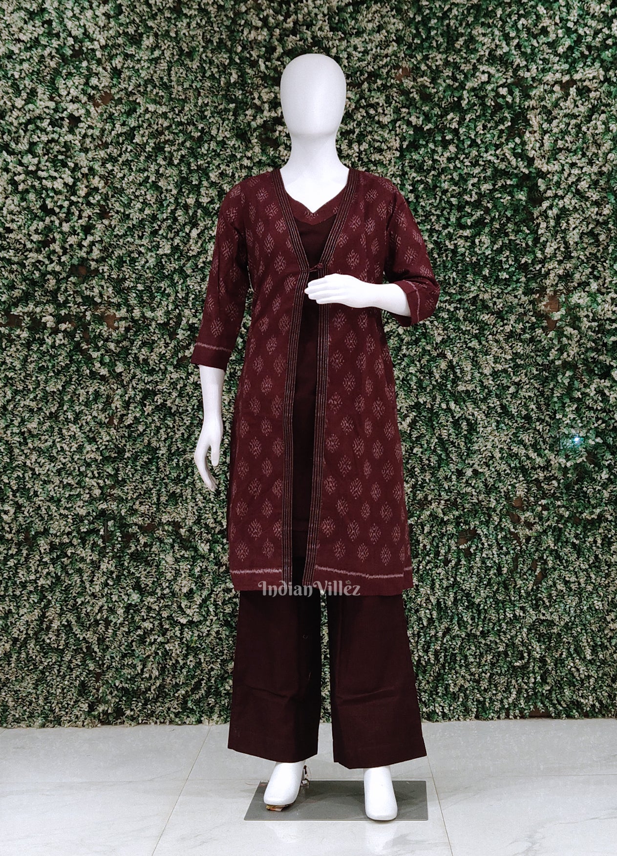 Coffee Odisha Ikat Designer Cotton Kurti Set with Jacket
