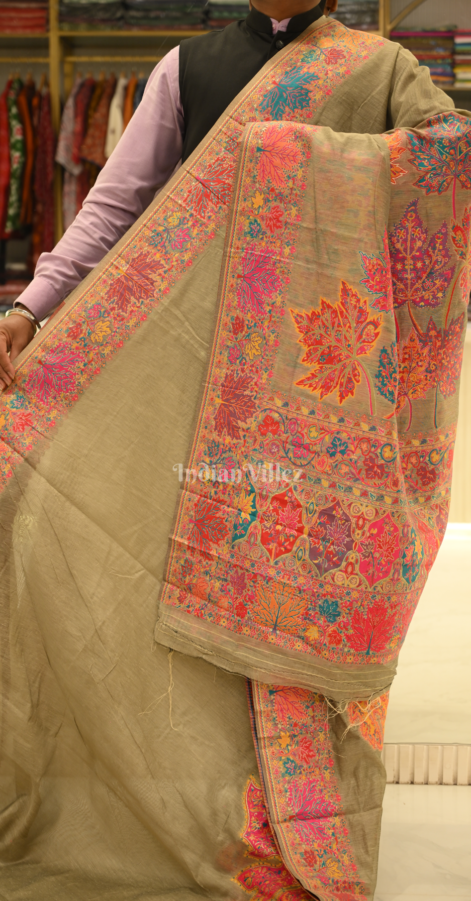 Mehendi Green Tree of Life Pure Kashmiri Cotton Pashmina Saree