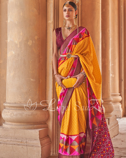Red Yellow Leheriya Pochompolly Ikat Saree