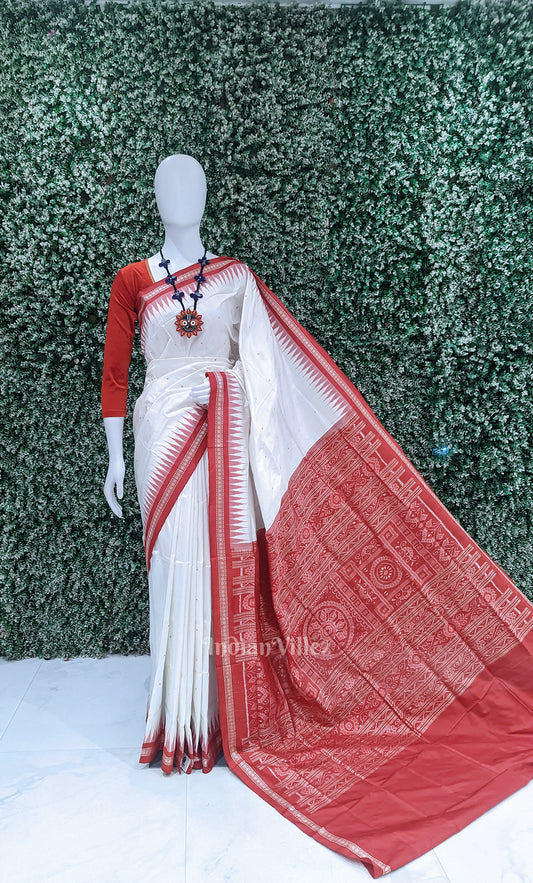 White Red Buti Design Odisha Ikat Bomkai Sambalpuri Silk Saree