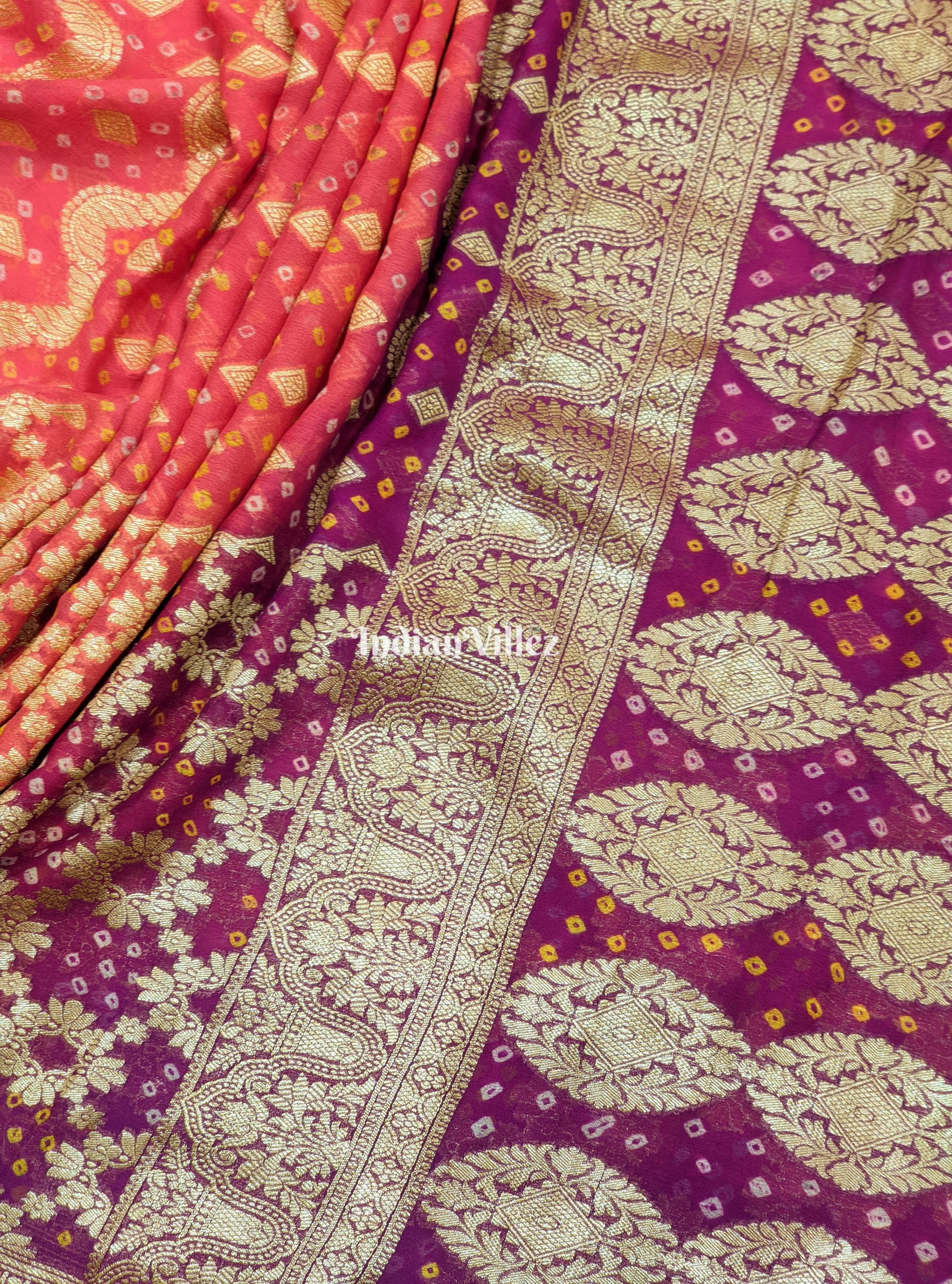 Peach Magenta Pure Banarasi Georgette Saree