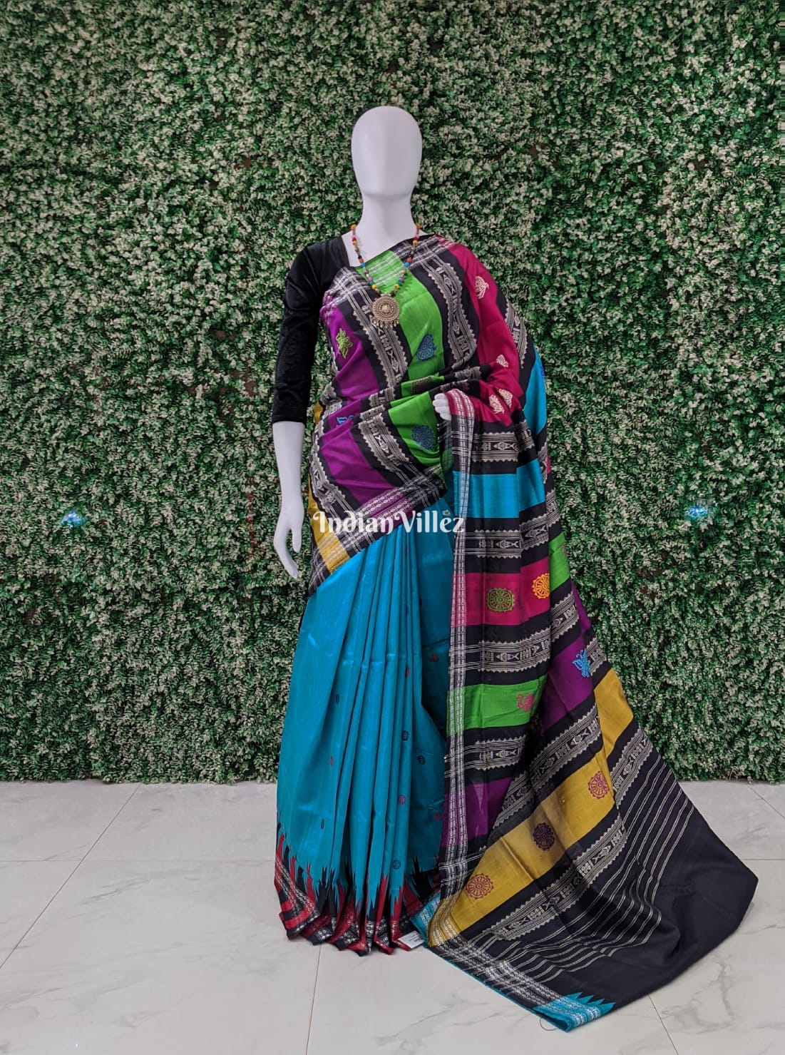 Sea Blue Double Pallu Brahampuri Silk Saree with Flower Motif