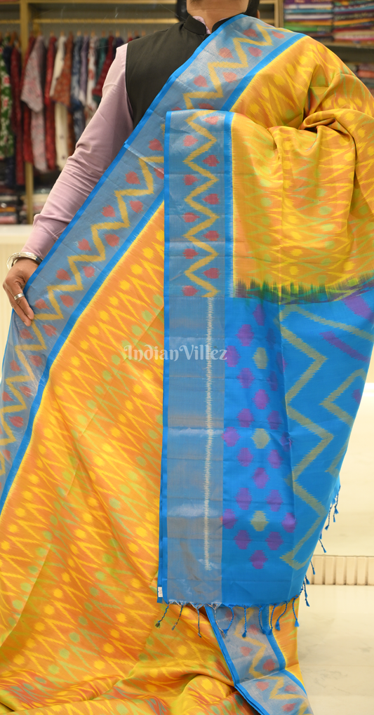 Mustard Yellow Blue Pochampally Ikat Silk Saree