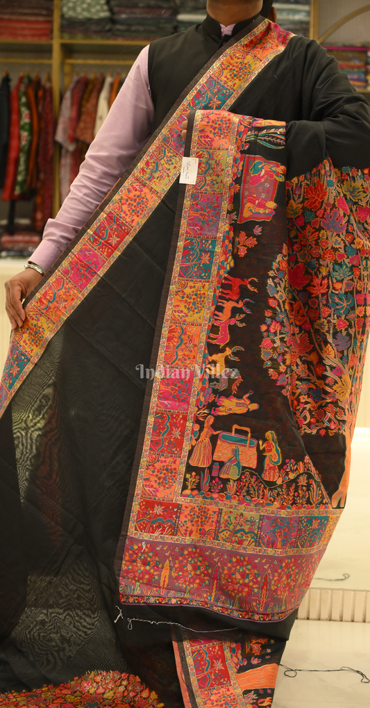 Black Tree of Life Pure Kashmiri Cotton Pashmina Saree