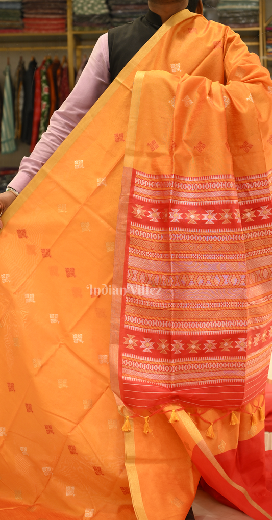 Yellow Red Tussar Banarasi Saree With Emboridery on Pallu