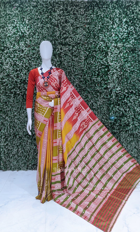 Mustard Yellow Red Stripped Odisha Ikat Contemporary Designer Saree