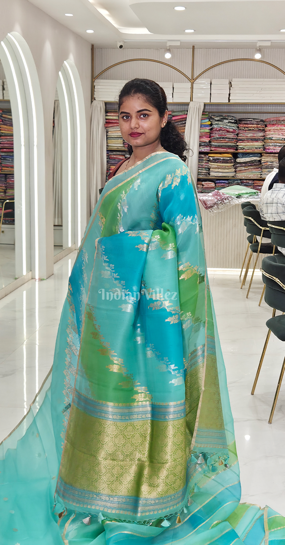 Surf Blue with Green Kora Organza Banarasi Saree