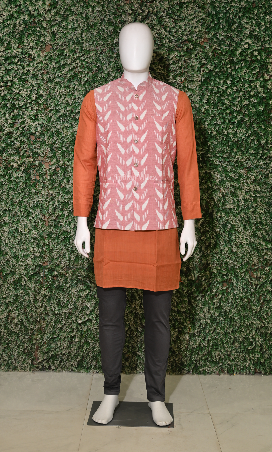 Peach Pink Leaf Motif Odisha Ikat Half Bandi Jacket for Men 