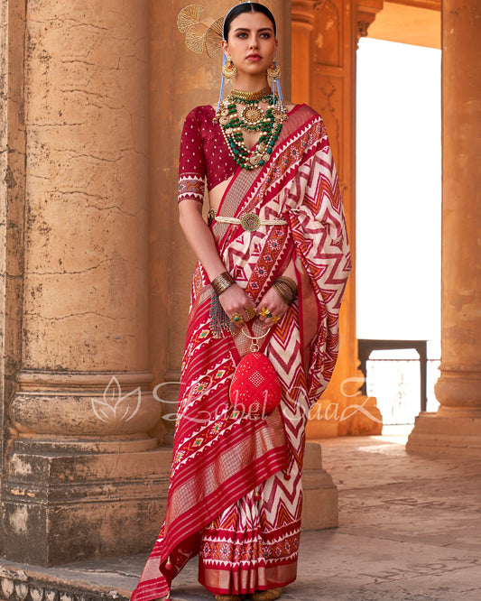 Red White Leheriya Pochampally Ikat Saree