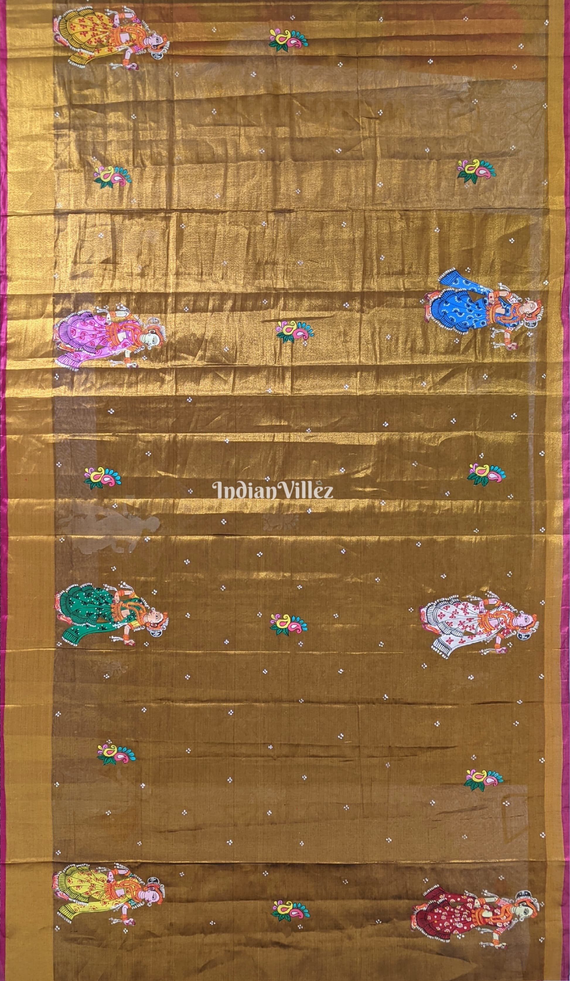 Golden Raja Theme Pattachitra Work on Kerala Tissue Saree