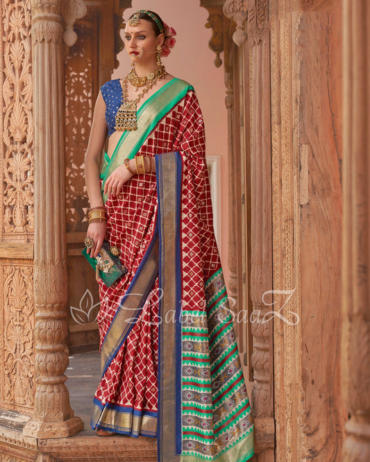 Red with Blue Patola Inspired Pochampally South Silk Saree