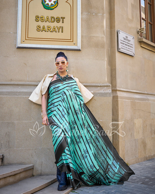Green Satya Paul Inspired Printed Satin Crape Sarees