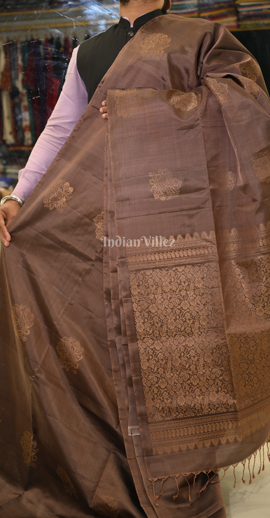 Copper Brown Maroon Floral Zari Pure Kanjivaram Soft Silk Saree