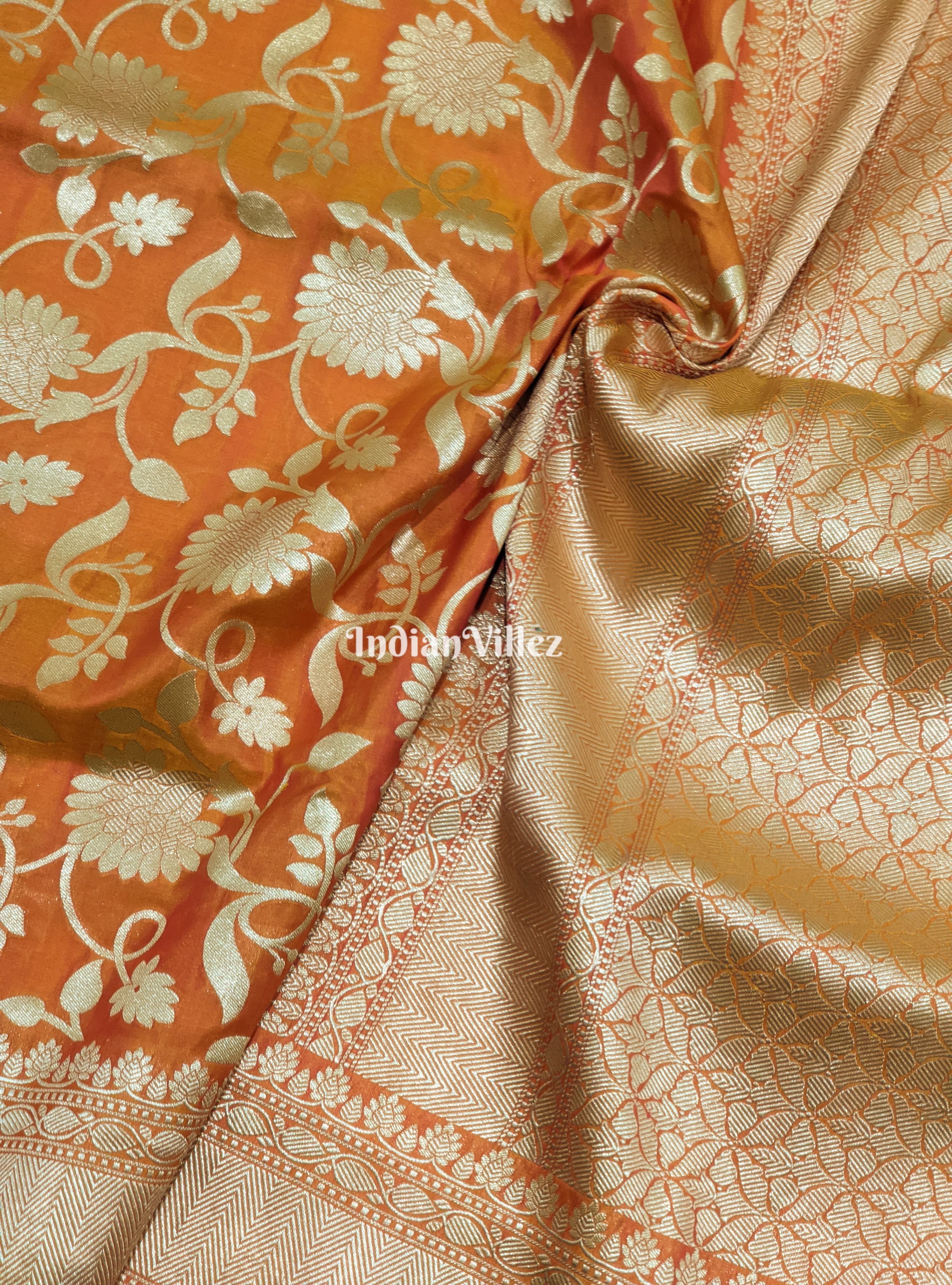 Orange Yellow Floral Motif Designer Katan Silk Banarasi Saree