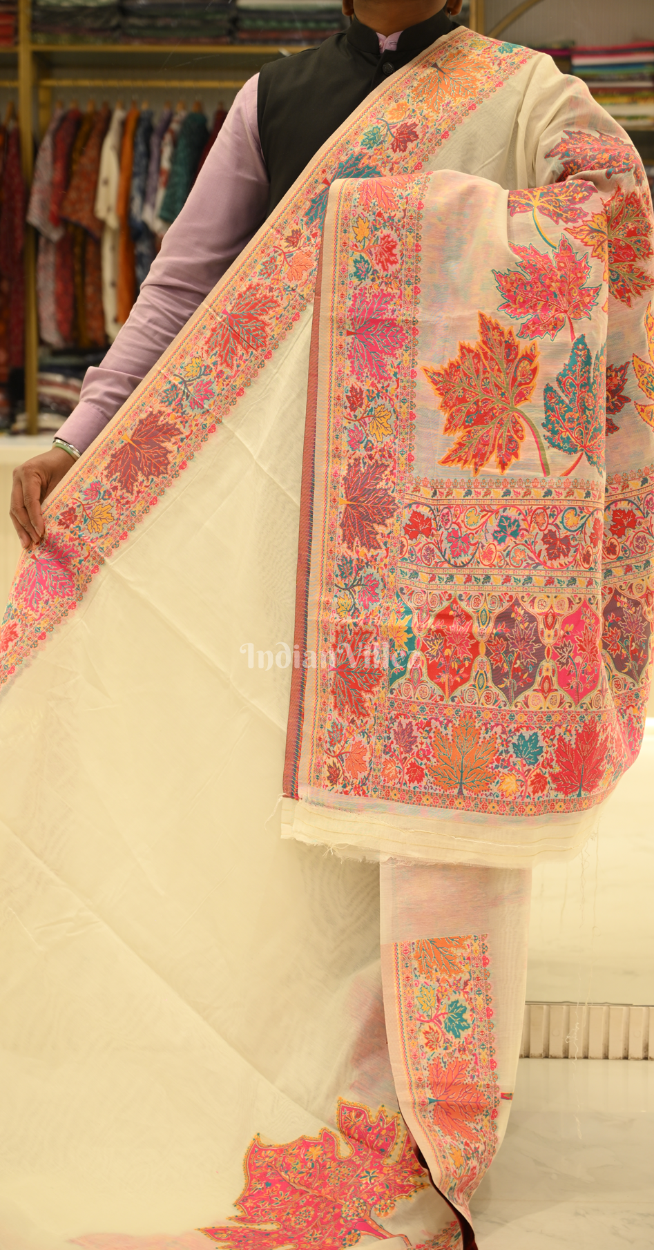 Off White Tree of Life Pure Kashmiri Cotton Pashmina Saree