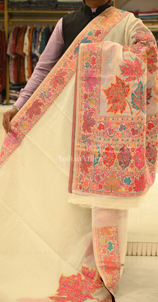 Off White Tree of Life Pure Kashmiri Cotton Pashmina Saree