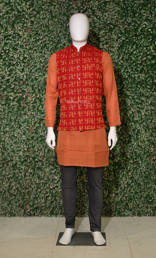 Red  Swastik Design Odisha Ikat  Half Bandi Jacket for Men