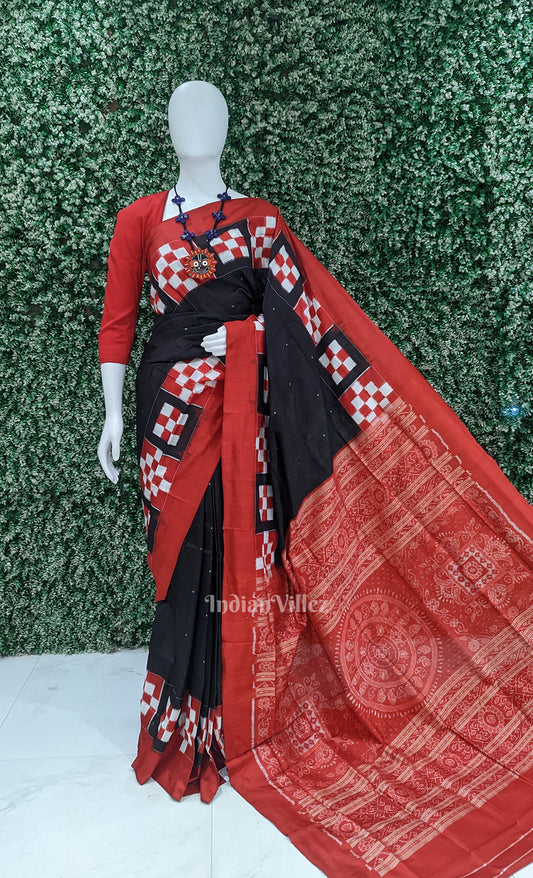 Black Red Pasapali Border Sambalpuri Ikat Silk Saree