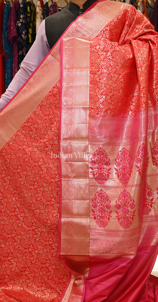 Red Pure Brocade Kanjivaram Silk Saree with Temple & Kalash Motif Anchal