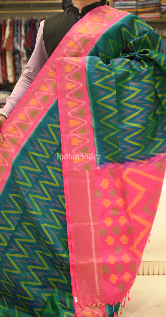 Green Pink Zigzag Pochampally Ikat Silk Saree