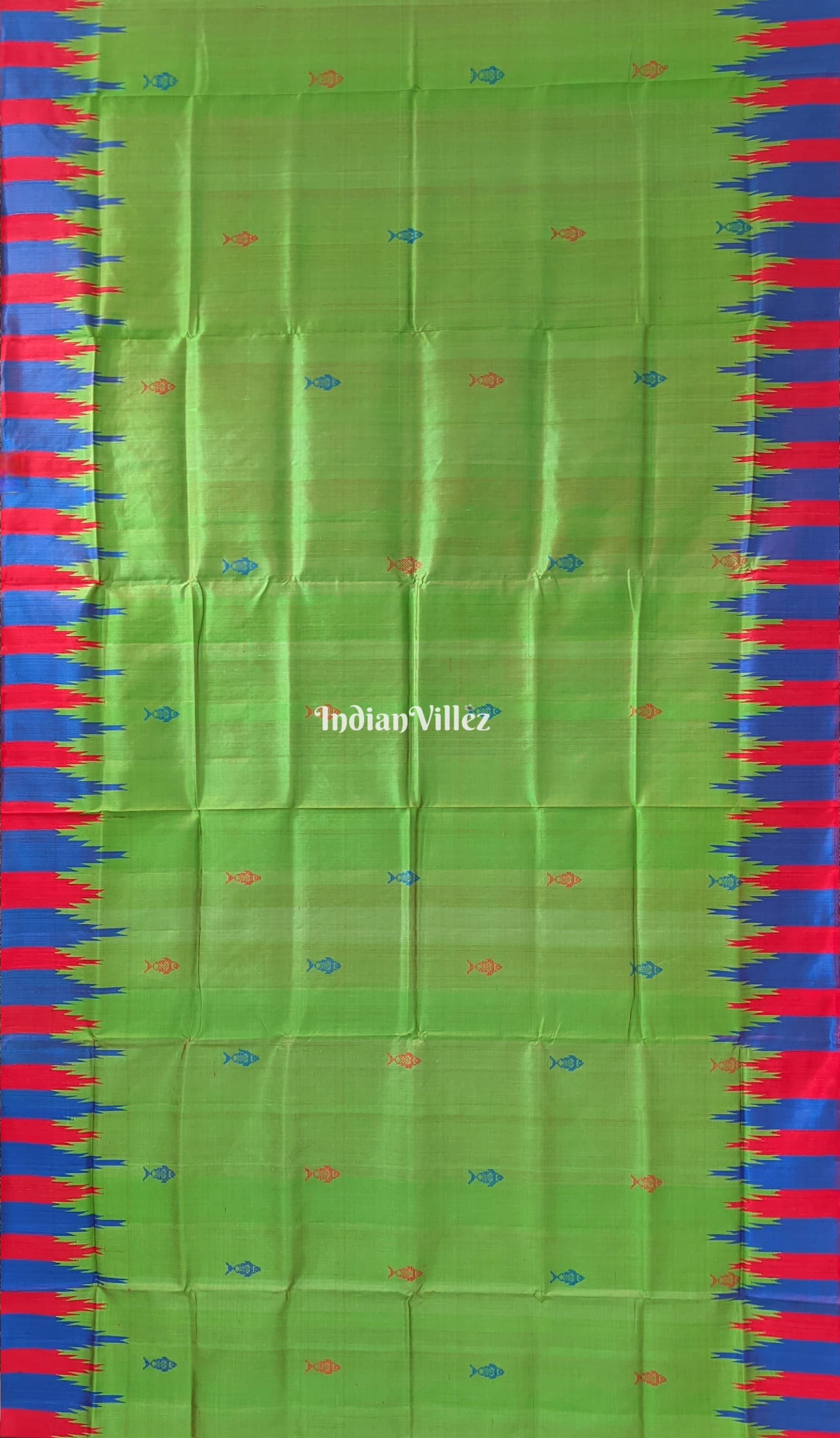 Green Fish Motif Double Pallu Berhampuri Silk Saree