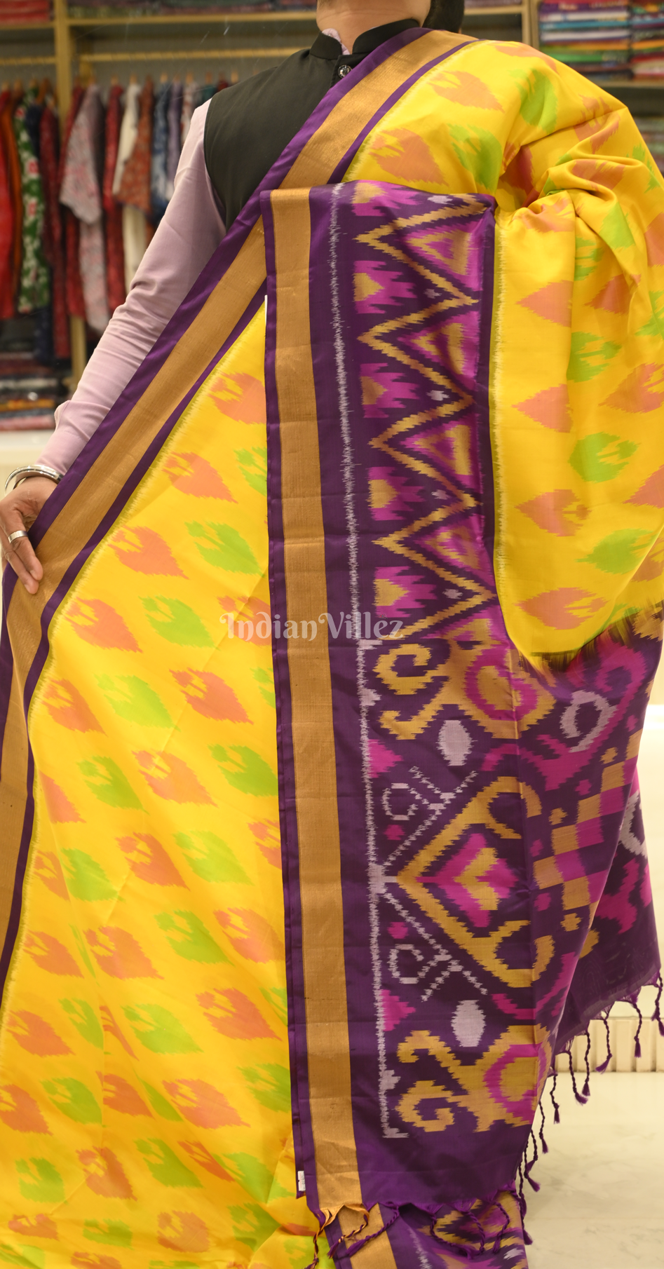 Yellow Purple Pochampally Ikat Silk Saree 