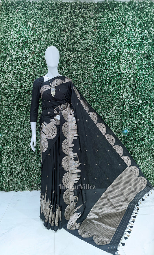 Black Buta Handwoven Banarasi Katan Silk Saree with Kashi Ghat Weaves