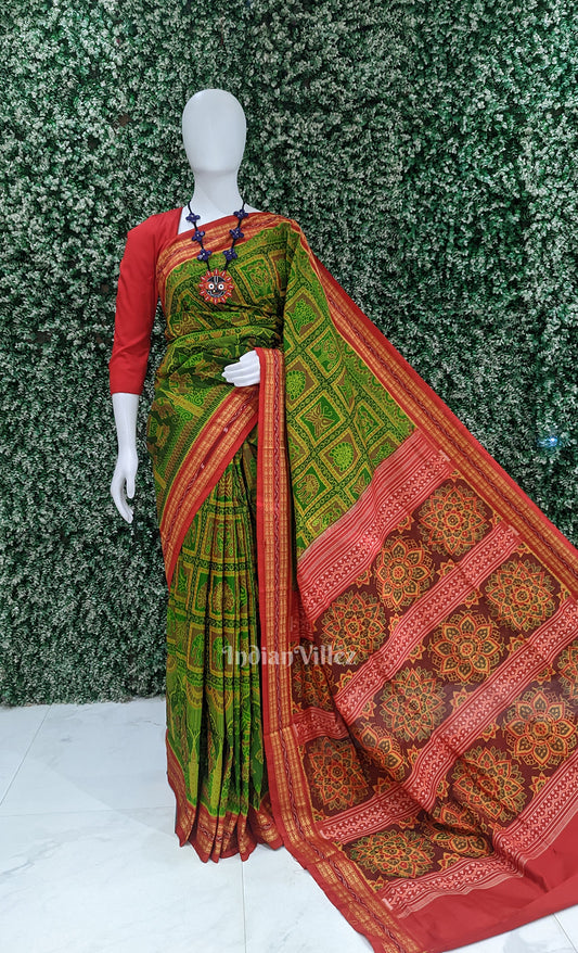 Parrot Green with Pure Red Sambalpuri Ikat Silk*Cotton (Bapta) Saree