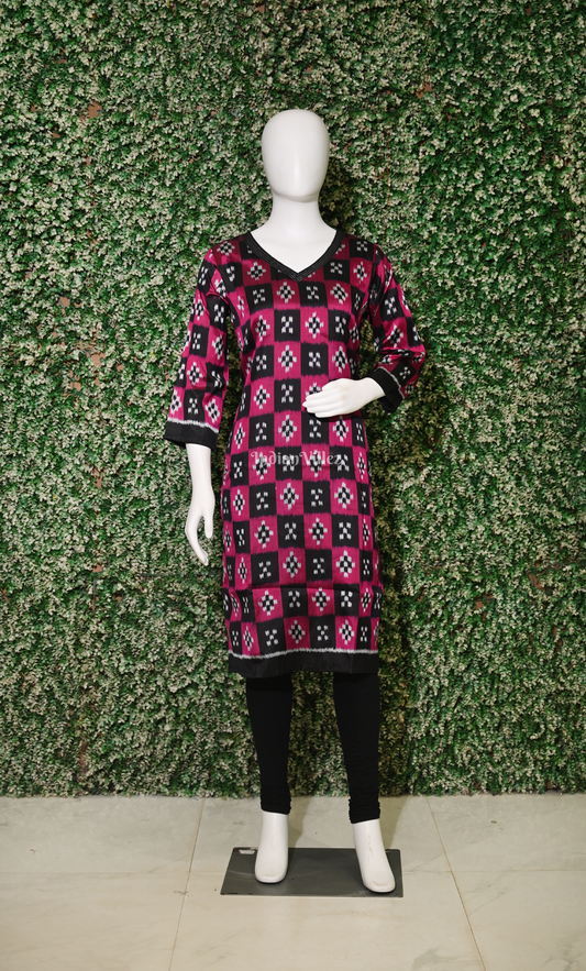 Magenta Pink Black Pasapali Odisha Ikat Designer Silk Kurti for Women
