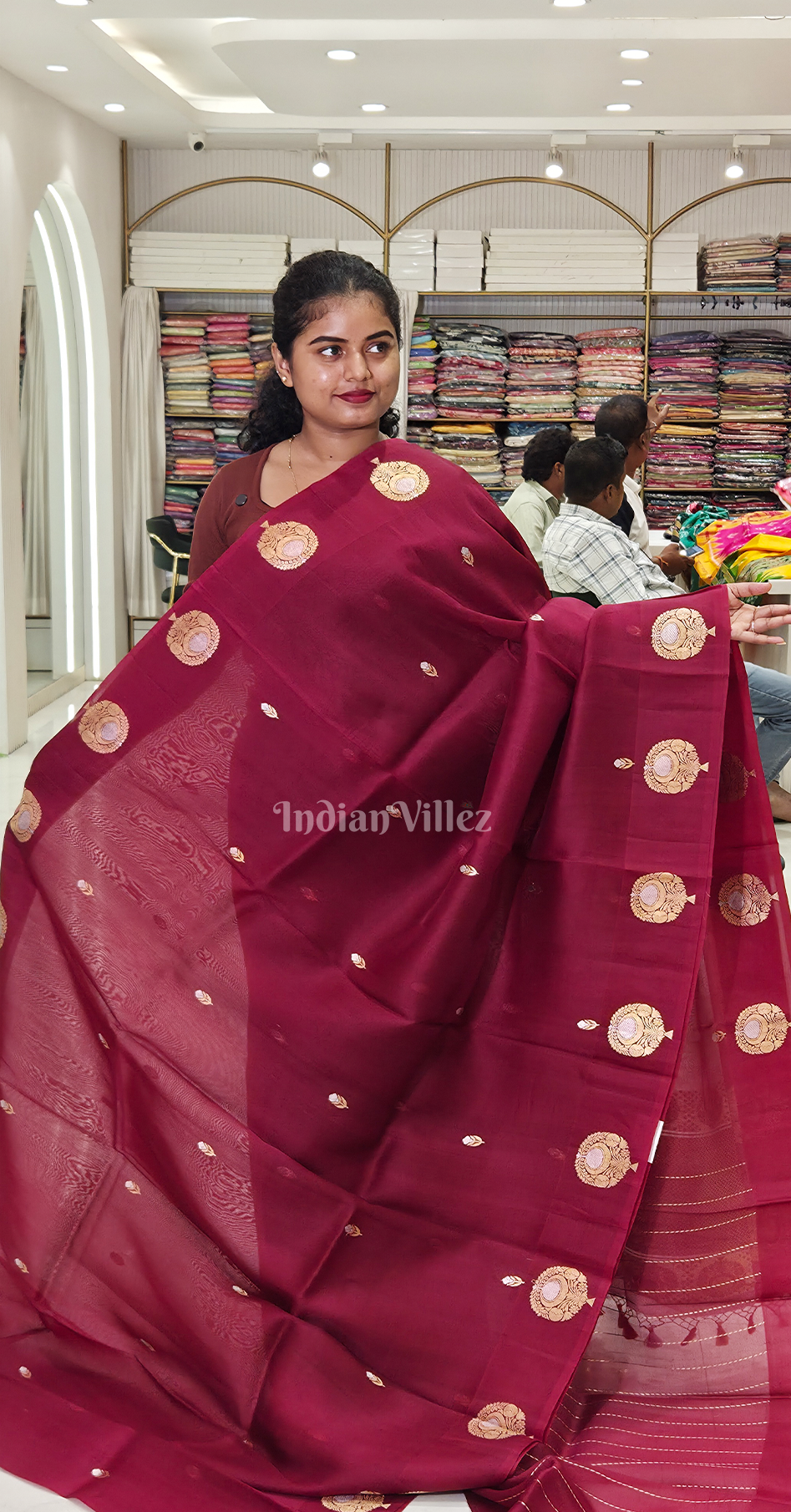 Maroon Kora Organza Banarasi Silk Saree with Floral Handwork