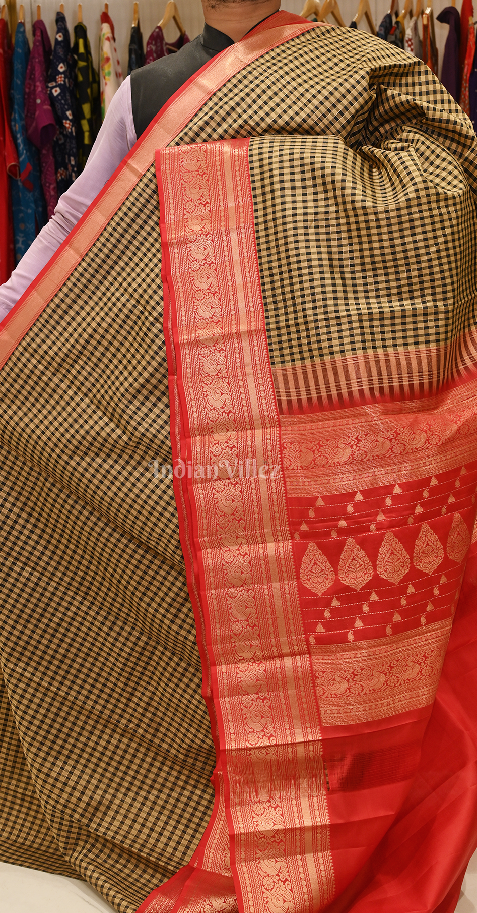 Black Yellow Check Design Pure Brocade Kanjivaram Silk Saree