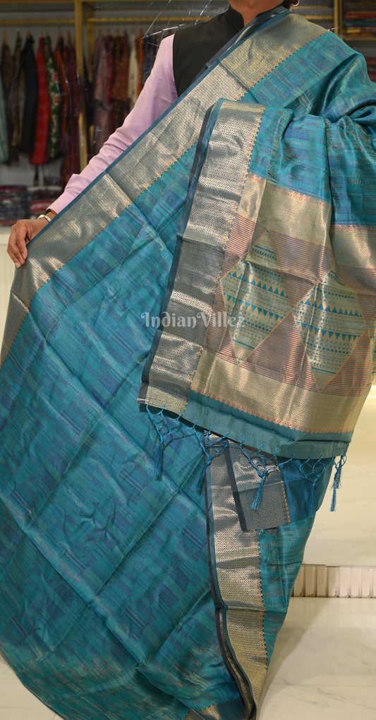 Peacock  Blue Handloom Two Tone Organza Weaving Banarasi Saree