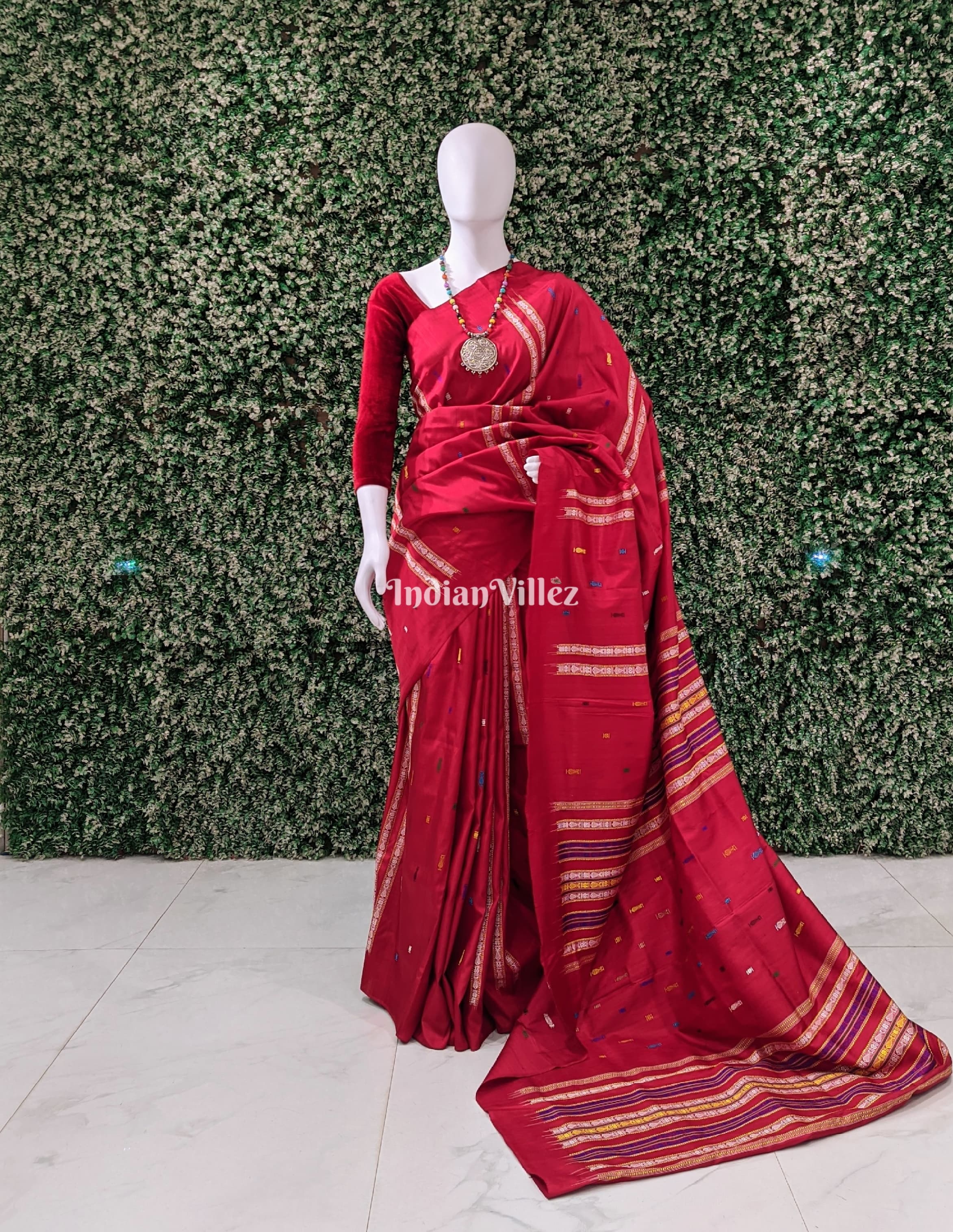 Red Habaspuri Inspired Contemporary Bomkai  Sambalpuri Silk Saree