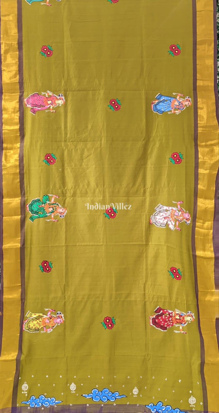 Mehendi Green Blue Radha Krishna Pattachitra Art on Kerala Silk Saree