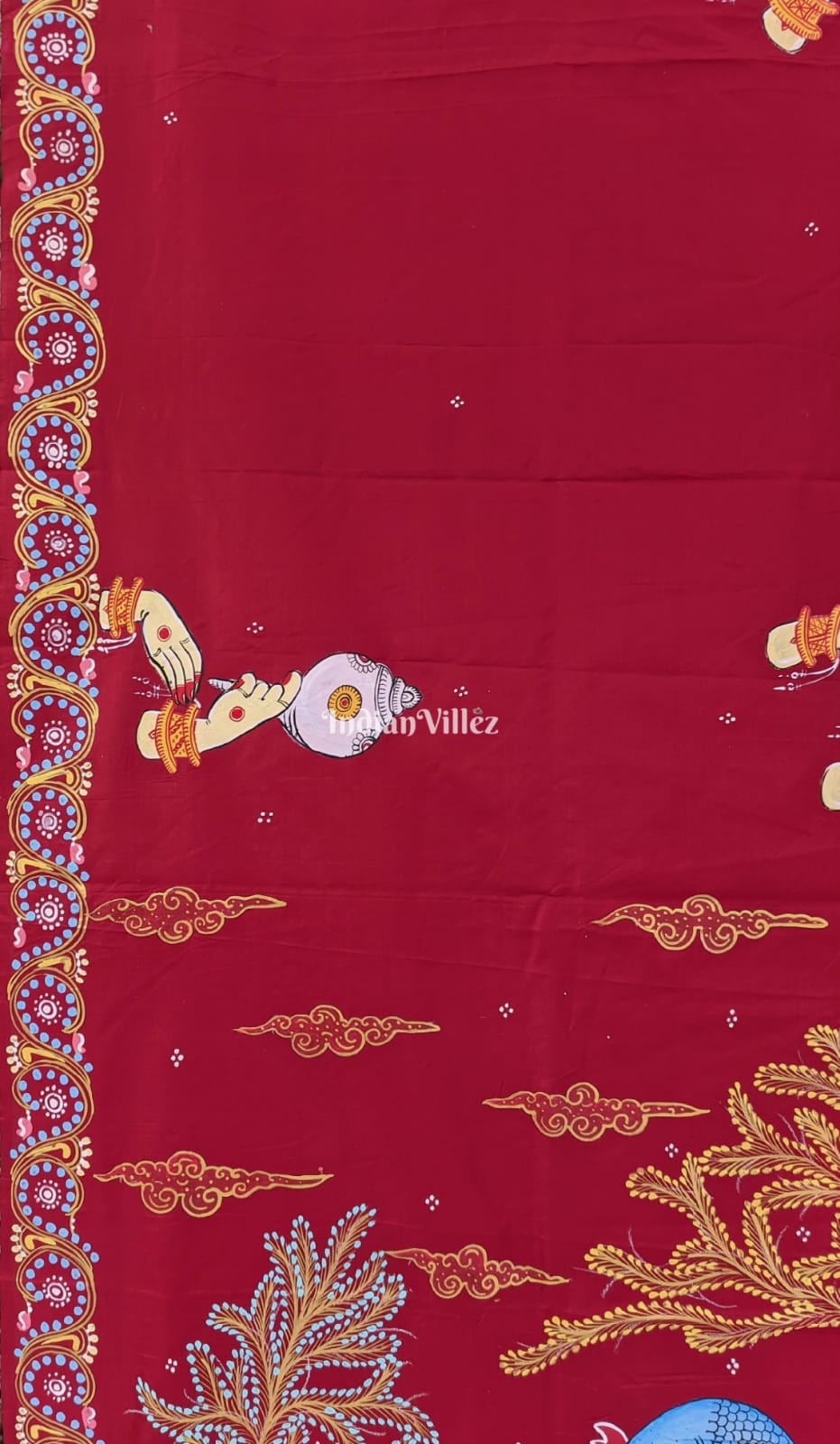 Reddish Maroon Arjuna Bows to Navagunjara Pure Pattachitra Silk Saree