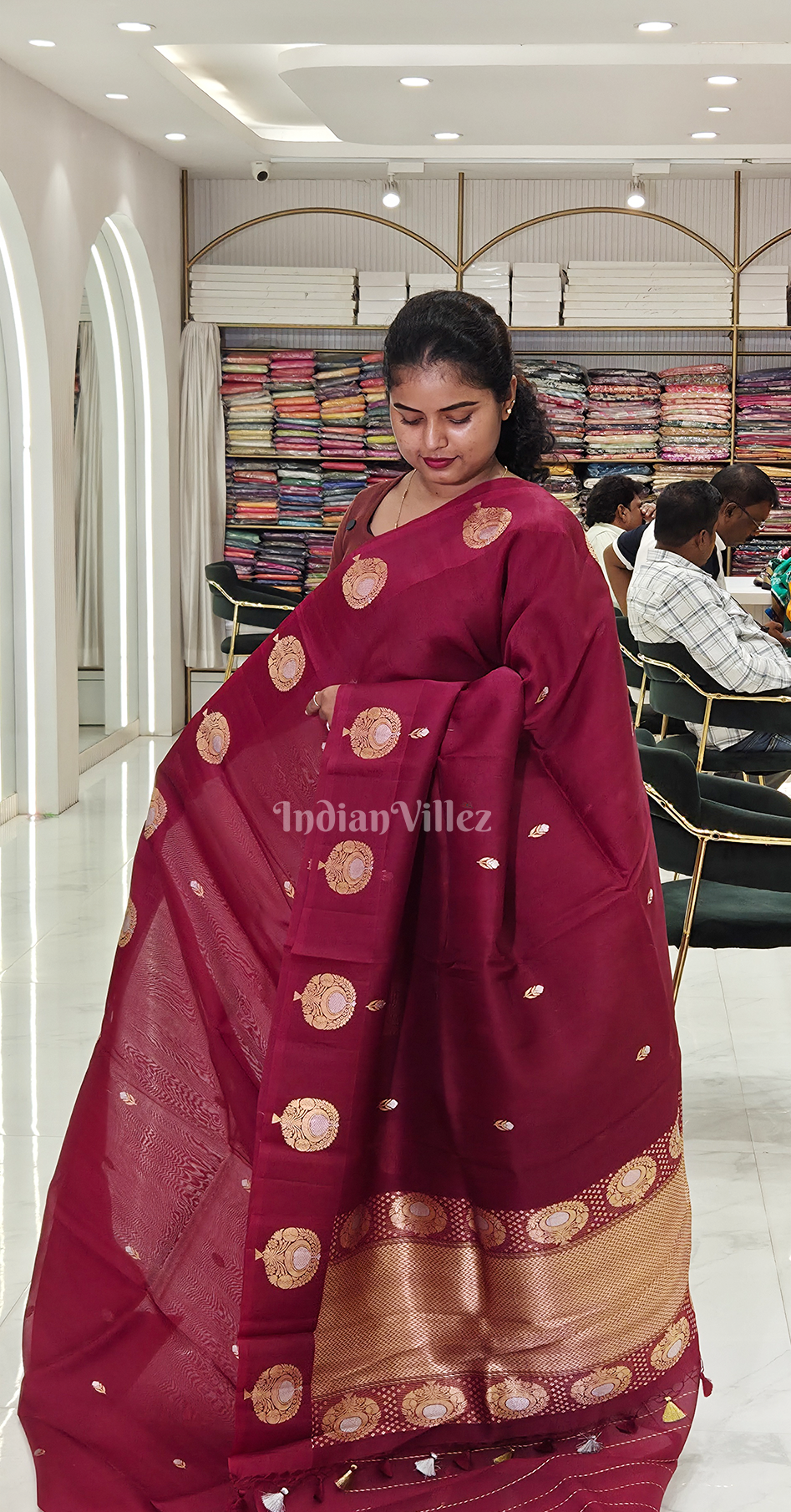 Maroon Kora Organza Banarasi Silk Saree with Floral Handwork
