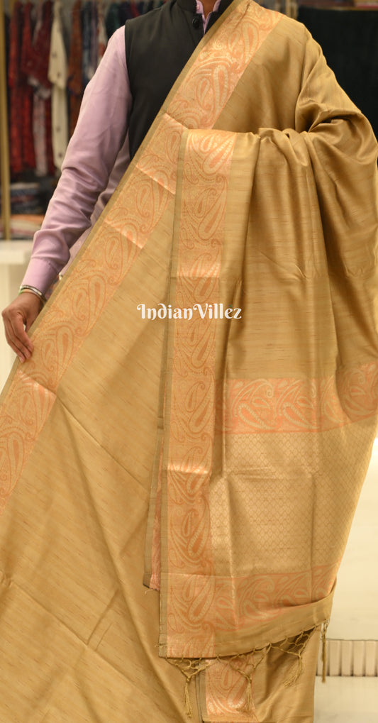 Beige Brown Tussar Banarasi Saree with Copper Zari