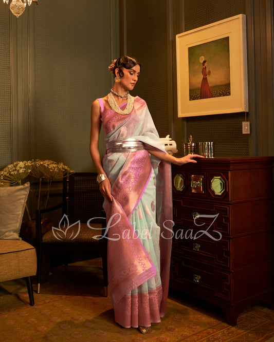 Aqua Blue Pink Linen Handloom with Copper Zari Weaving 